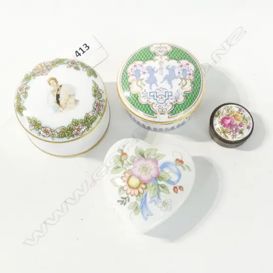 FOUR LIDDED CONTAINERS – BUCKINGHAM PALACE, QUEEN MOTHER, FLORAL & HEART SHAPE D. 65MM