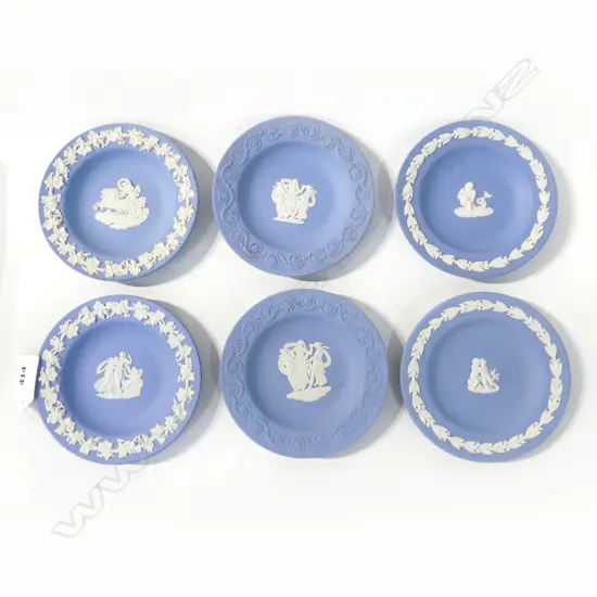 SIX WEDGWOOD JASPERWARE DISHES EACH WITH A DIFFERENT PATTERN D. 11CM