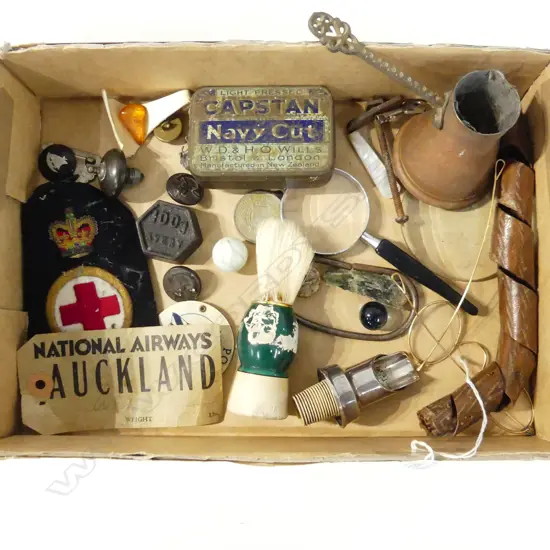 BOX OF SMALL COLLECTIBLES NAVY CUT TIN, PORT LINE LABEL, NATIONAL AIRWAYS ETC