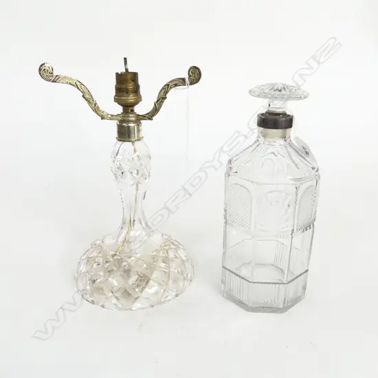 ANTIQUE CRYSTAL DECANTER H230MM & CRYSTAL LAMP BASE NO SHADE