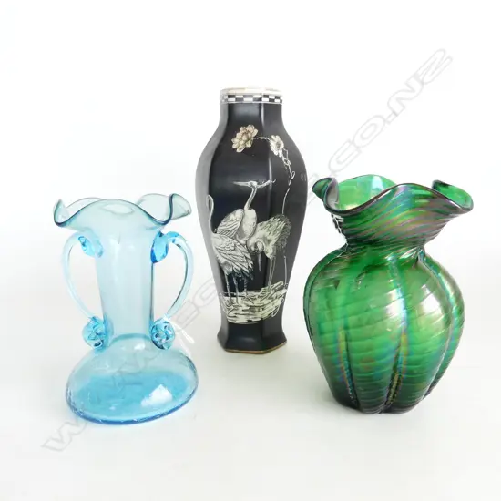 3 VASES, B&W PHOENIX WARE, BLUE GLASS (BASE CRACKED) & LUSTRE VASE