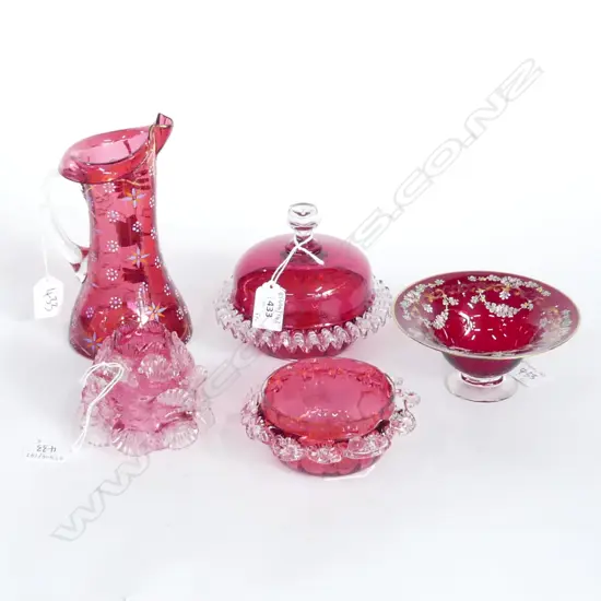 5PCS VICT RUBY GLASS JUG H180MM LIDDED BOWL H110 2BOWLS & SHADE