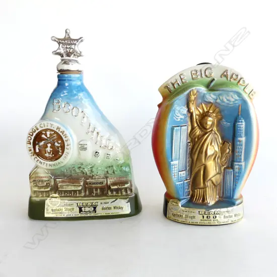 2 JIM BEAM 'REGAL CHINA' COLLECTABLE BOTTLES, THE BIG APPLE w STATUE OF LIBERTY. 1967 & BOOT HILL DODGE CITY CENTENNIAL 