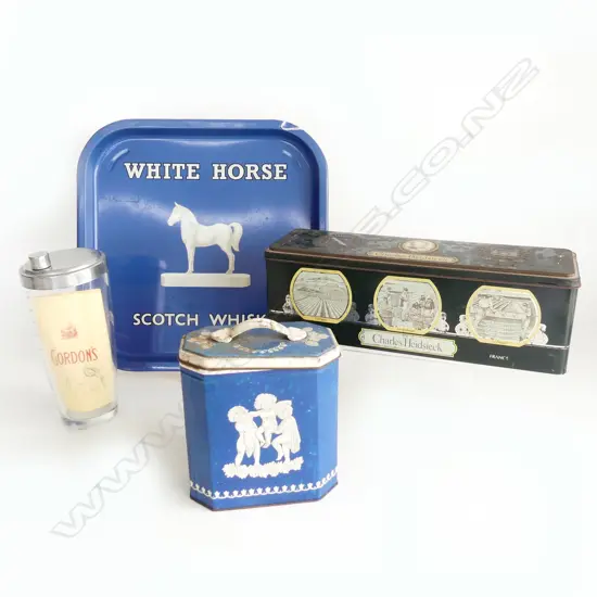 WHITE HORSE SCOTCH WHISKEY TRAY w B&W BISCUIT TIN, GLASS GIN SHAKER & CHARLES HEIDSIECK TIN 