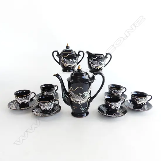 15 PC JAPANESE SATSUMA  MORIAGE DRAGONWARE COFFEE SET, BLACK & GOLD w WHITE DRAGONS, c1930