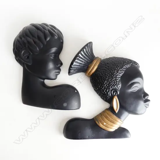 2 RETRO FEMALE WALL HANGING BUSTS, 1 w GOLD PAINTED HIGHLIGHTS