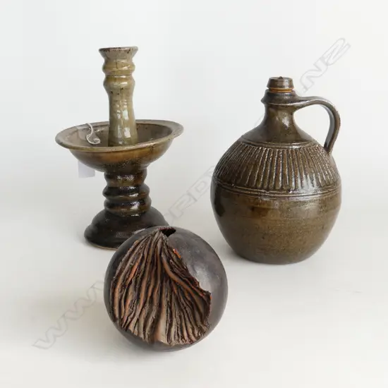3 PCS NZ STUDIO POTTERY, YVONNE RUST CANDLE STICK, FLAGON & ONE OTHER