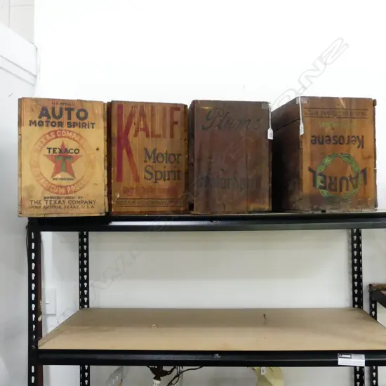 4 VINTAGE WOODEN PETROL CRATES; LAUREL, PLUME, KALIE, TEXACO
