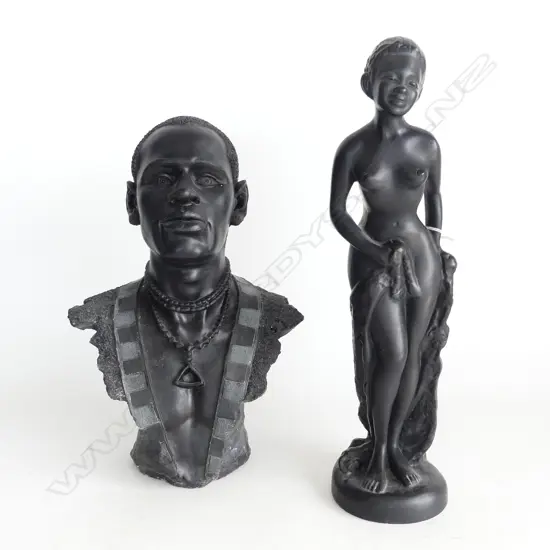 2 AFRICAN SCULPTURES, RESIN BUST AFRICAN MAN w ADORNMENT & DRAPED FEMALE FIG, PLASTER, H.420mm