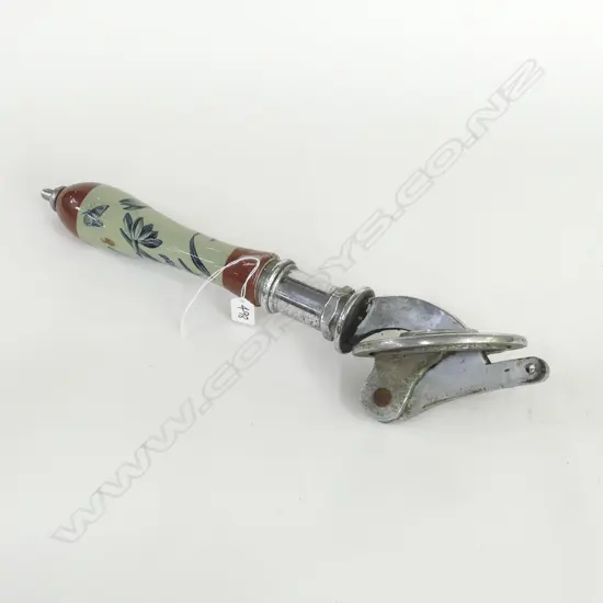 A VICTORIAN BEER PULL WITH TRANSFER PRINTED BUTTERFLY AND FLORAL PORCELAIN HANDLE L. 47CM