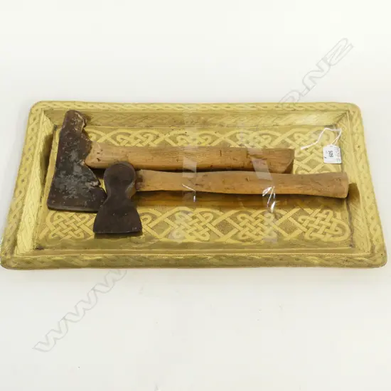 TWO OLD SHORT AXES ONE STANLEY 22 & BRASS TRAY WITH KNOTTED ENGRAVED DETAIL 300X480mm
