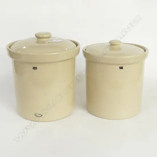 2 LRG LIDDED STONEWARE CROCKS