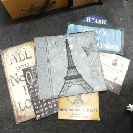 SIX ASSORTED DECORATIVE METAL SIGNS