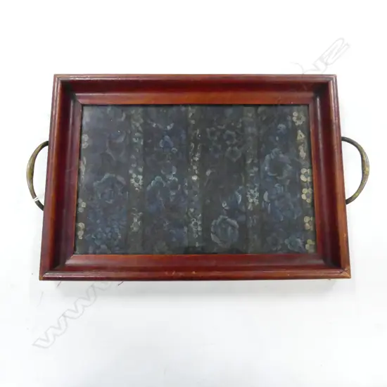 VICTORIAN PERIOD MAHOGANY TRAY WITH BRASS HANDLES AND FLORAL CLOTH INSERT L. 29CM