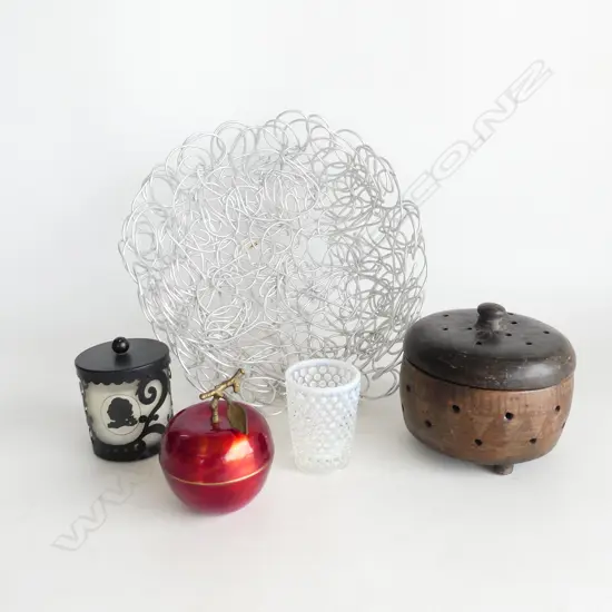 WIRE BOWL w 2 USED CANDLES, A BOBBLED GLASS & LARGE WOODEN POT POURI VESSEL  