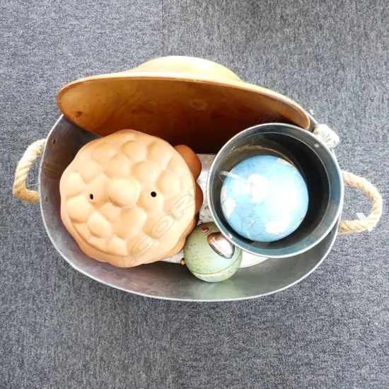 2 METAL ICE BUCKETS 480x320mm, 2 GLOBES, CERAMIC ONION JAR, WOODEN BOWL 380mm dia