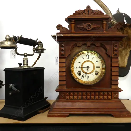 ANTIQUE TELEPHONE H.310mm + ANSONIA GINGERBREAD CLOCK H.445mm