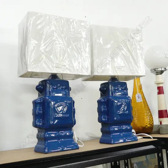 PR BLUE CERAMIC ROBOT LAMPS - AS NEW H.465mm