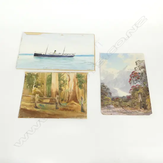 3 UNFRAMED ARTWORKS; ETHEL RICHARDSON WAIHO GORGE OIL 285x190mm, 2 WCs J. G. CROFT TREES, E. A. WATKIN S.S. WAIKARE