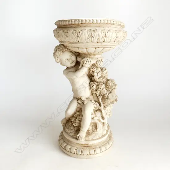 CEMENT / CONCRETE SMALL BIRD BATH SUPPORTED BY PUTTI CHERUB H.400mm