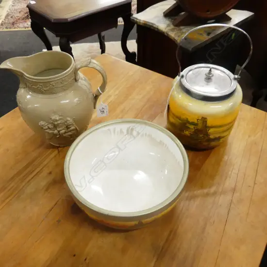 DOULTON STYLE SALAD BOWL & BISCUIT BARREL COTTAGE SCENE & STONEWARE ENGLISH JUG