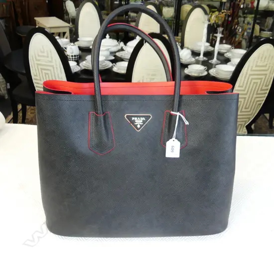 BLACK SAFFIANO LEATHER PRADA HANDBAG, RED LINED W.370mm - NO PAPERS