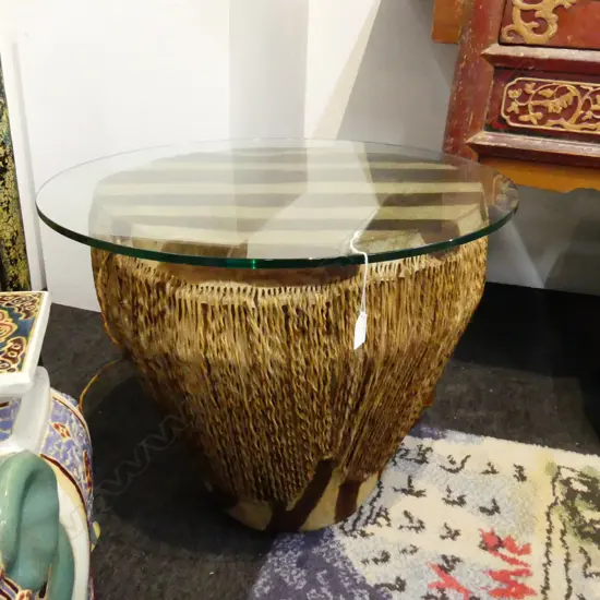 AFRICAN ANIMAL HIDE DRUM TABLE w. GLASS TOP H.495 / 620mm dia