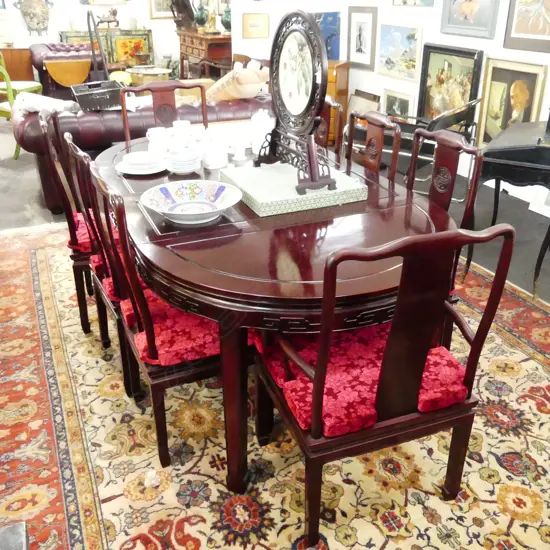CHINESE ROSEWOOD DINING TABLE & 8 CHAIRS (2 CARVERS)