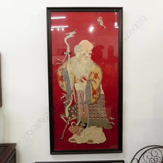 LARGE FRAMED CHINESE EMBROIDERED SILK PORTRAIT OF IMMORTAL WITH FOAL. 1310X625mm