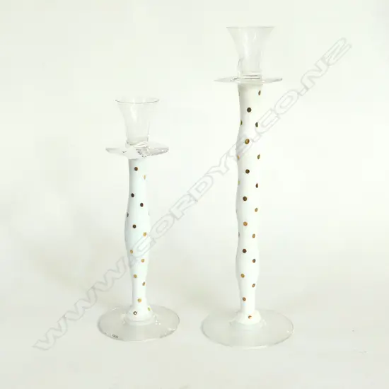 2 ANNE NILSSON (b.1953) 'CELESTE' OREFORS GLASS CANDLESTICKS. H's.370 & 288mm. White & clear w gilt dots