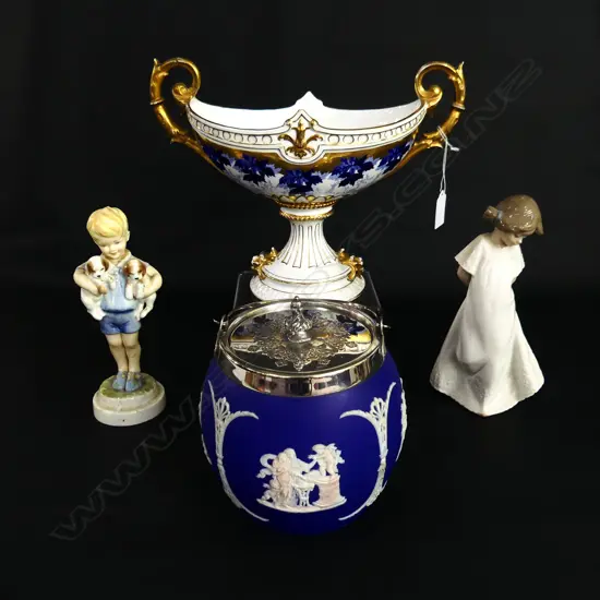 2 FIGURINES: NAO GIRL H.200mm & R. WORCHESTER BOY (REPAIR), WEDGWOOD BISCUIT BARREL, COMPORT (REPAIR)