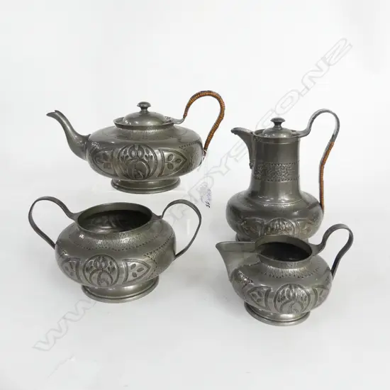 OLD PEWTER c.1900 4-PIECE TEA SERVICE, CANE HANDLED ROUND HEAD
