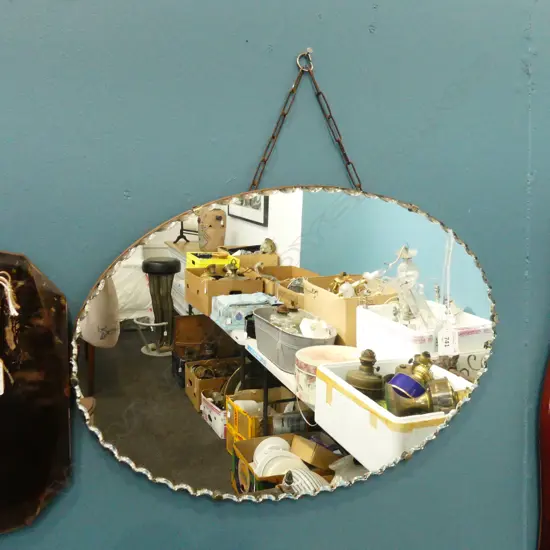 DECO OVAL WALL MIRROR w SCALLOPED EDGED GLASS