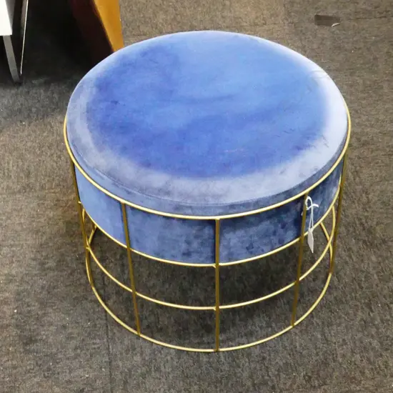 BLUE VELVET & GILT ROUND FOOTSTOOL