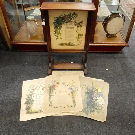 VICTORIAN MAHOGANY SCREEN H.770mm + 8 MONTHLY POEM CARDS