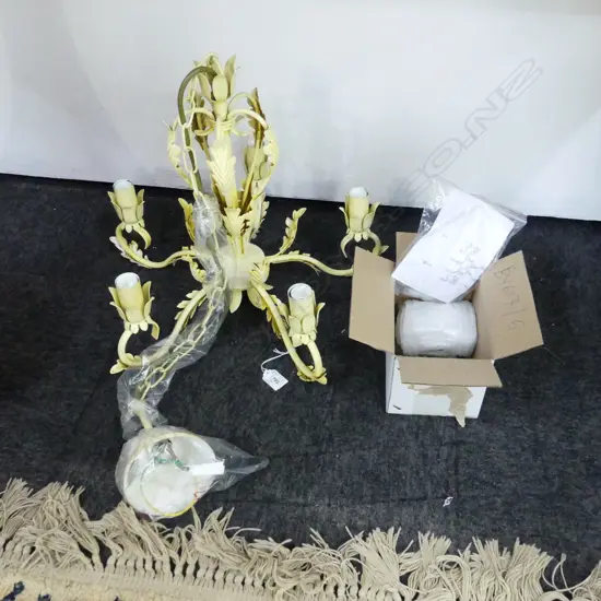 AS NEW 5 LIGHT YELLOW METAL CHANDELIER 460mm dia + BOX OF CRYSTAL DROPS