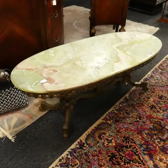 GILT BRASS OVAL COFFEE TABLE w. ONYX TOP 1200x500x450mm