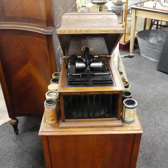 ANTIQUE EDISON CYLINDER PHONOGRAPH + BAG OF ROLLS