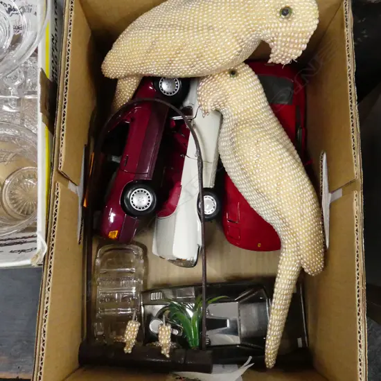 BOX LOT MODEL CARS, PR SEED PEARL PARROTS ETC