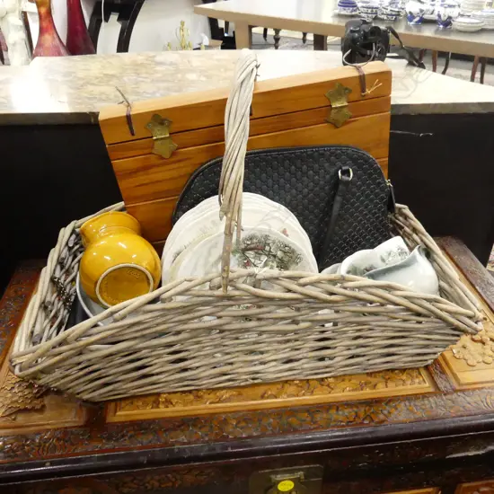 LG CANE BASKET (HANDLE BROKEN) + ASST. CERAMICS, BAGS, EMPTY ALBUM ETC