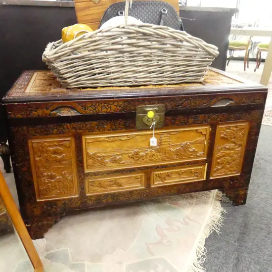ORIENTAL CARVED CAMPHOR CHEST 1015x530x590mm