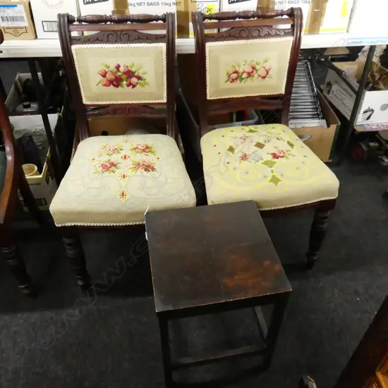 PR EDWARDIAN DINING CHAIRS w. NEEDLEWORK UPHOLSTERY + SMALL SIDE TABLE