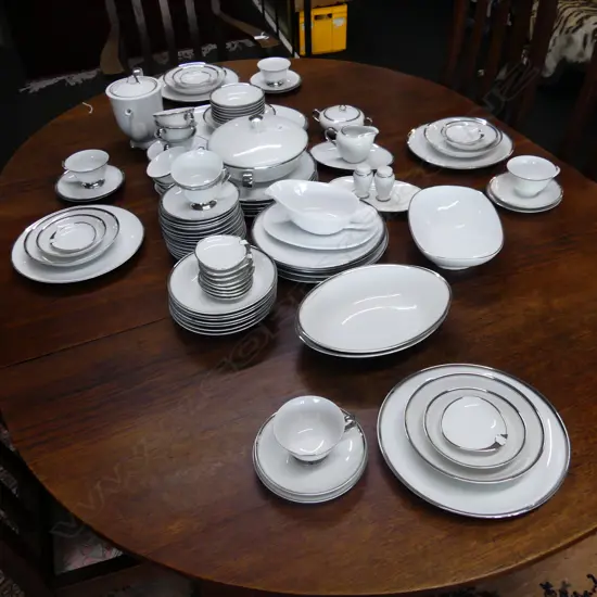 LRG WHITE w SILVER TRIM 'DEVILLE' JAPAN FINE CHINA DINNER SET, 12-14 SETTINGS INCLDS COFFEE SETTINGS & SERVING PLATES