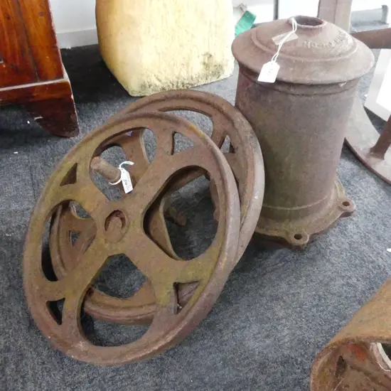 2x 4 SPOKE CAST IRON WHEELS Dia.400mm + 'BOOTH CH-CH' Christchurch cast iron boiler ?