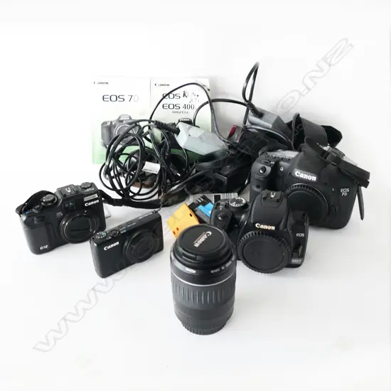 4 CANON CAMERAS, EF55-200 LENS, BOOKLETS, ASST. CHARGERS; EOS7D, EOS 400D, G12, S95
