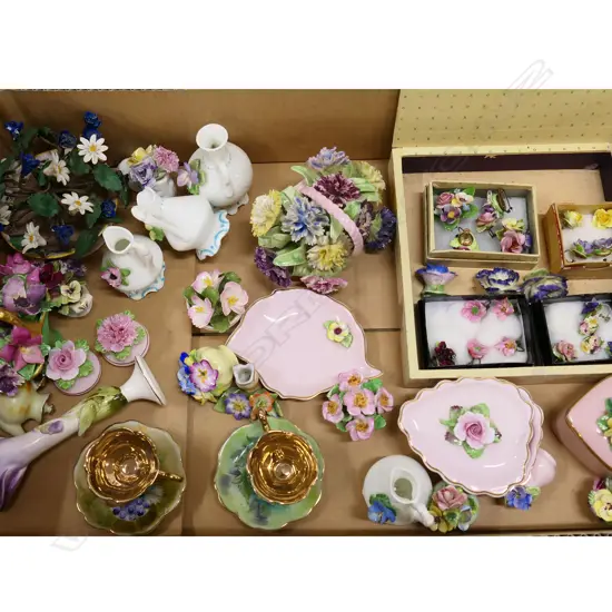 TRAY OF ENGLISH FLORAL CHINA ORNS EARINGS ETC