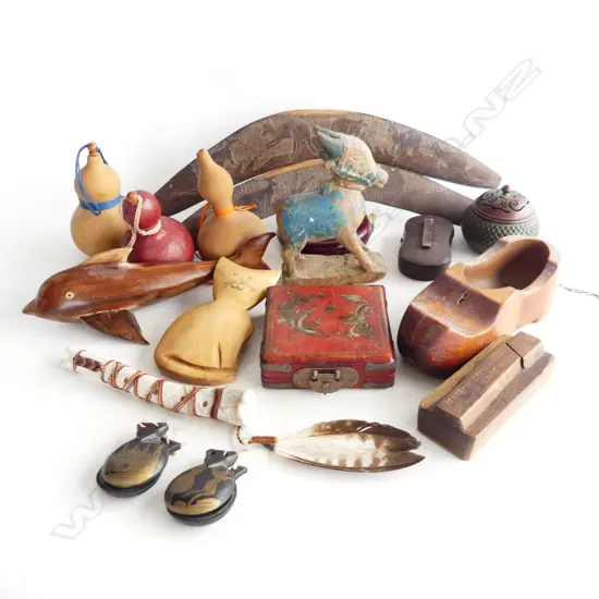 BOX LOT ASST. WOODEN ITEMS; 2 BOOMERANGS, CLOG, ETC