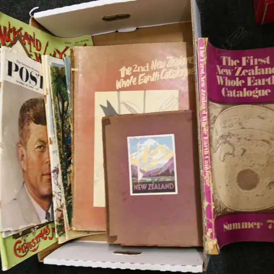 BOX LOT OLD NZ MAGAZINES + FULL SET WHOLE EARTH CATALOGUE