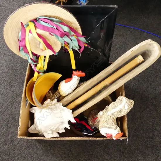 BOX LOT PR ART GLASS SCONCES, PR SHELL ROOSTERS, PLASTER WOLF WALL MASK, TRAYS ETC