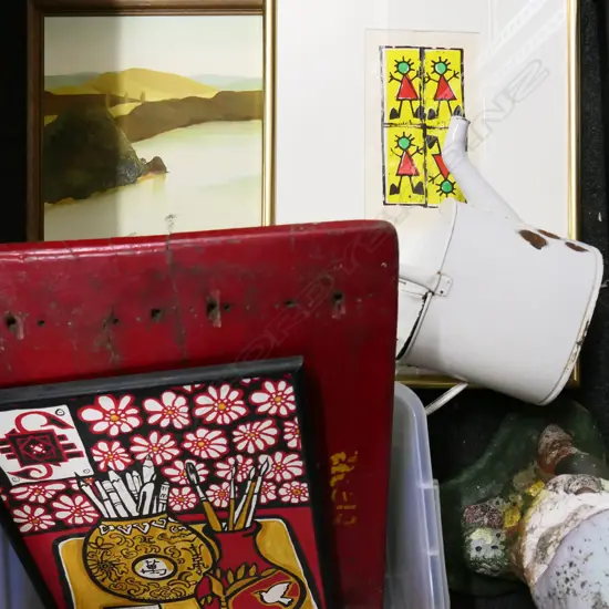 BOX LOT ASST. ARTWORKS, RED PAINTED WOODEN BOARD 560x380mm, WHITE ENAMEL WATERING CAN
